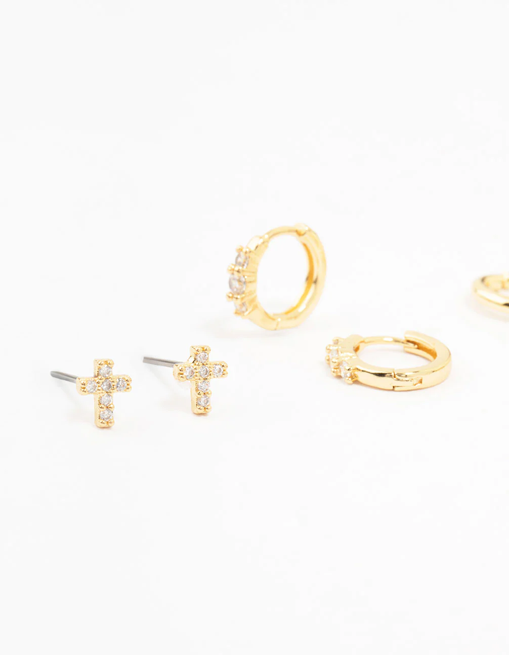 Gold Plated Brass Cross Stud & Chain Earrings 4-Pack