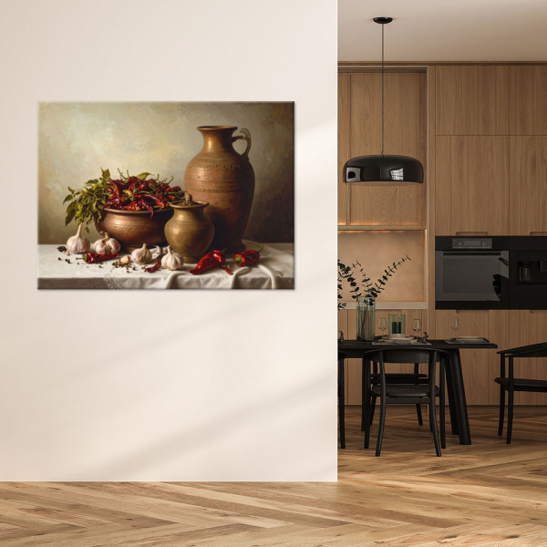 Obraz do kuchni jadalni restauracji, Papryczki chili czosnek dzbanki 30x20