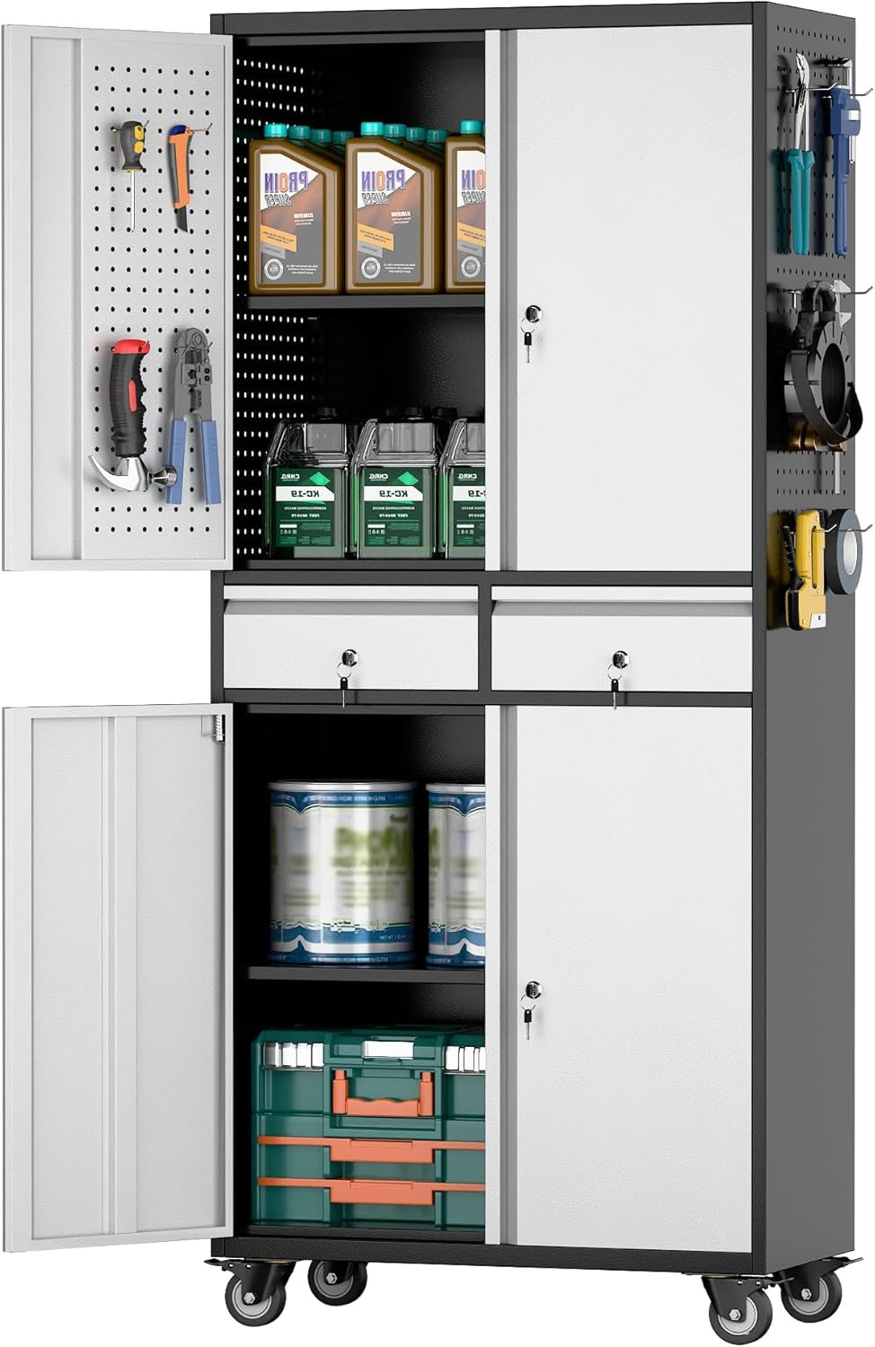 Aobabo 71 H 2 Drawer Metal Storage Cabinet with Wheels and 4 Pegboards,Lockable Steel Garage Storage Cabinet with 2 Adjustable Shelves,Black Sliver,Assembly Required
