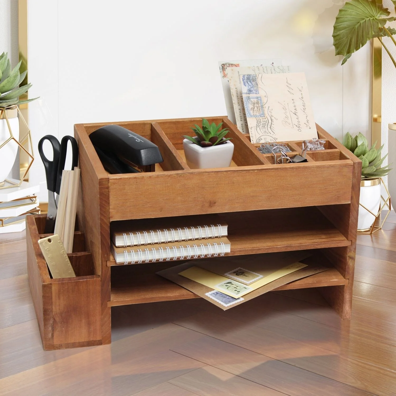 15.5 Brown Home Office Desk Organizer Storage Cubbies Letter Tray