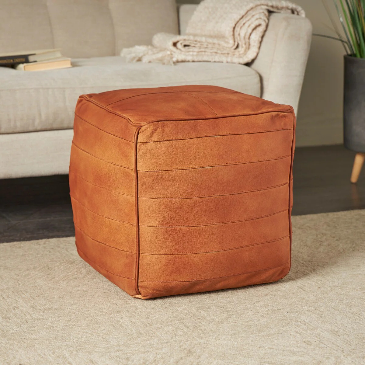 Leather Pouf with Linear Panels - Brown or Dark Brown - Roche River Decor