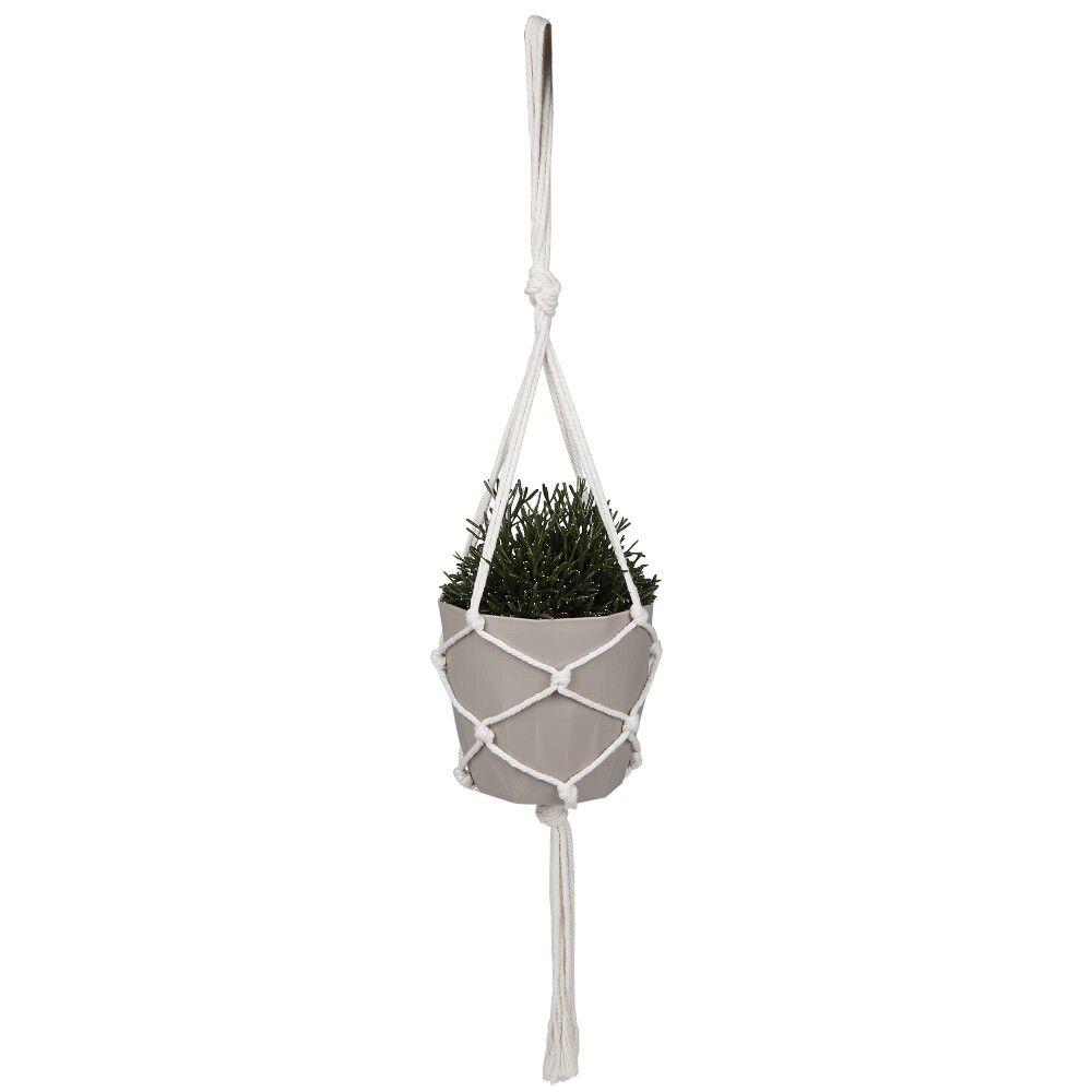 Cache pot gris suspendu avec corde en macramé
