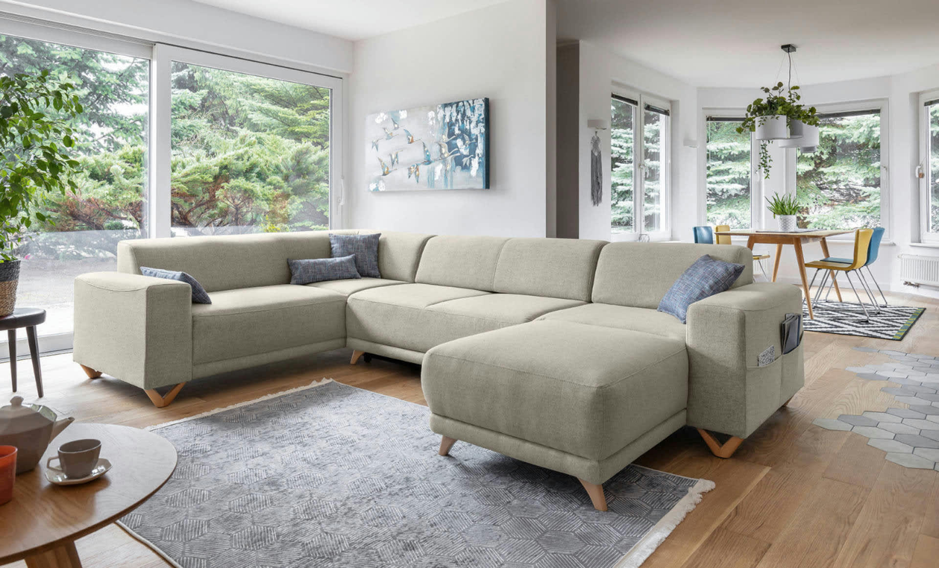 BELLA - Canapé panoramique 7 places angle gauche en tissu beige