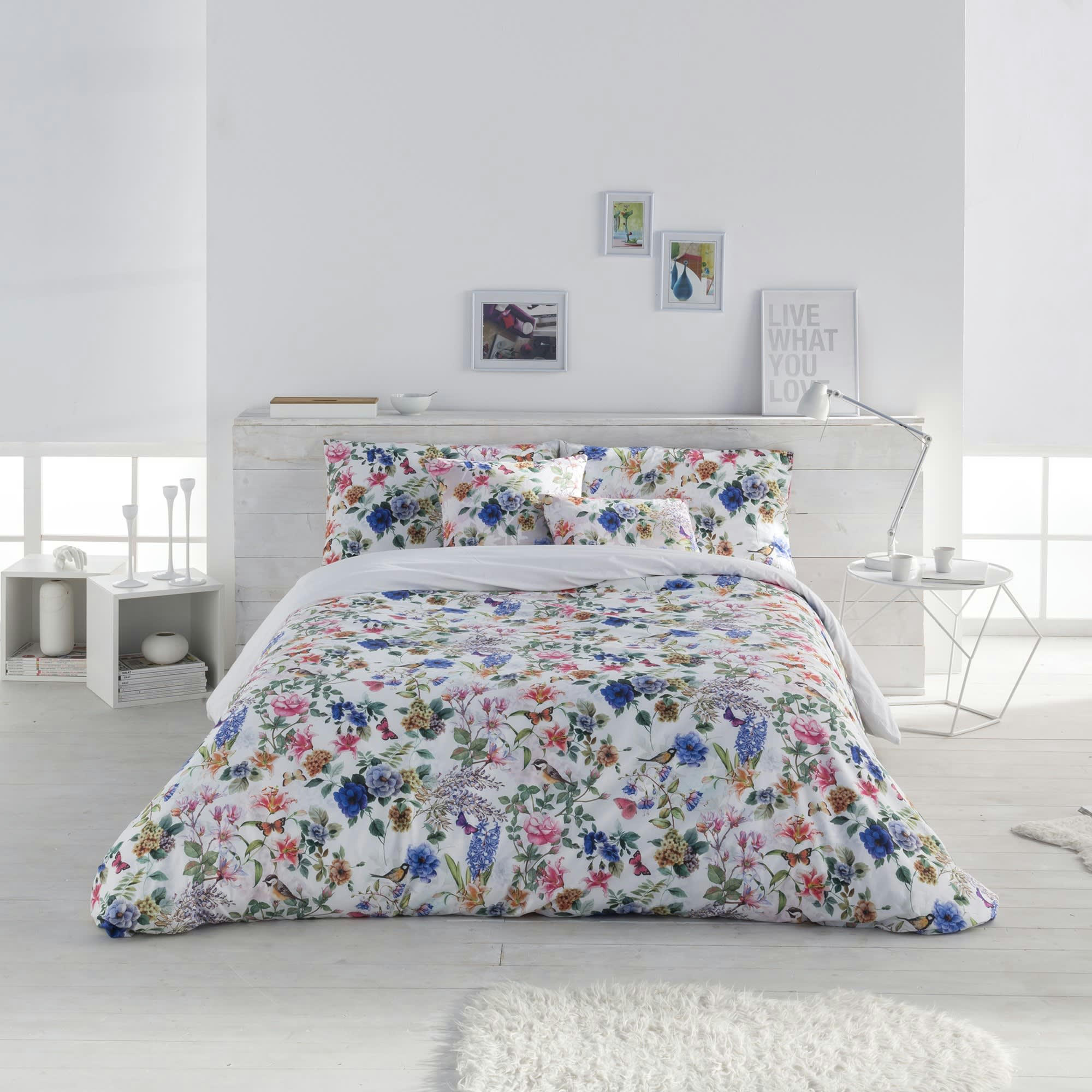 FORESTA - Housse de couette imprimé floral en percale Coton Bleu 220x220 cm