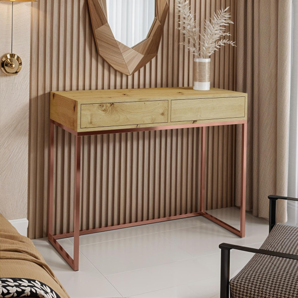 Toaletka CUBIC 100 z miedzianym stelażem i blatem dąb wotan - styl loft