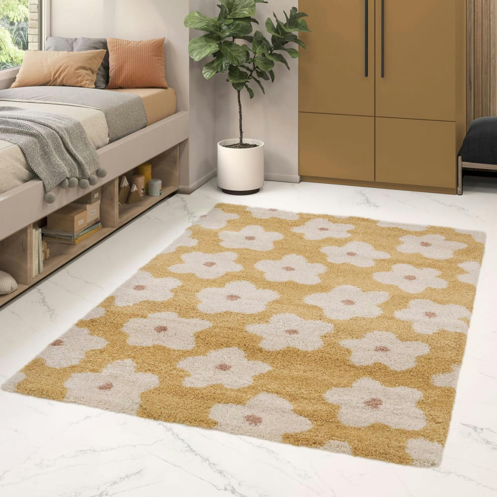 FLORA II - Tapis contemporain à motif floral jaune moutarde 160x230 cm