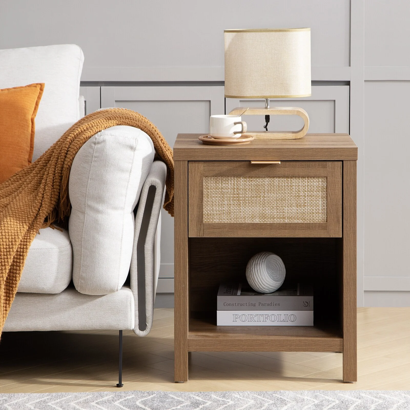 SICOTAS Farmhouse Nightstand with Drawer and Storage Shelf