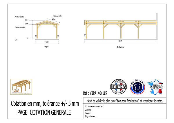 Carport adossé deux pentes 400cmx500cm bois DOUGLAS Français (Charpente en bois-auvent-abri voiture) 20m². Garantie 10 ans