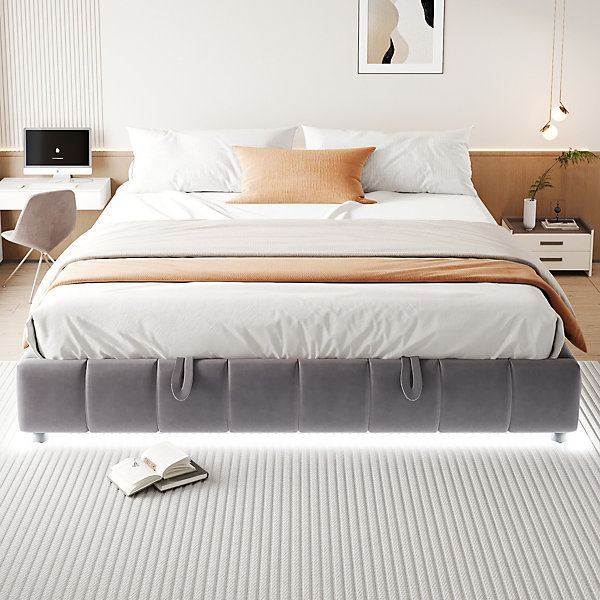 Lit 180x200 cm avec rangement hydraulique et bande LED blanche intégrée, tapissé flanelle gris, cadre métal robuste