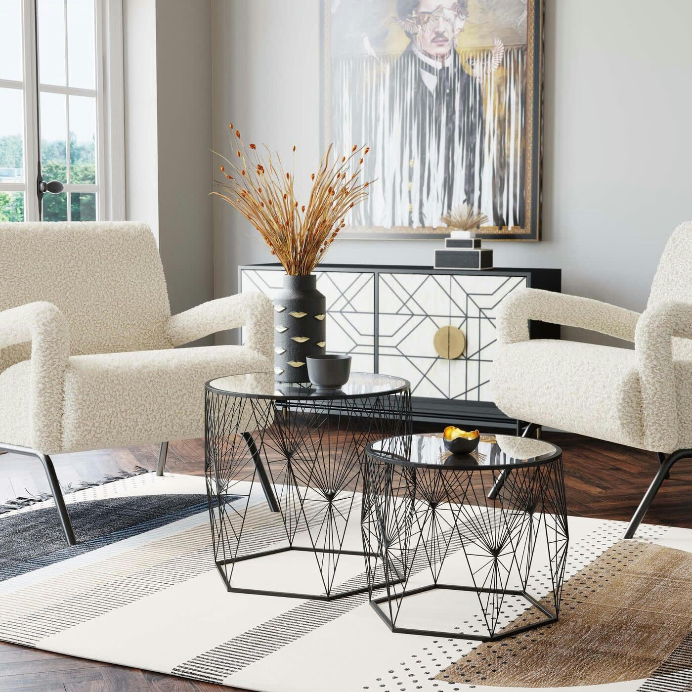 COBWEB - 2 tables d'appoint en acier et verre miroir