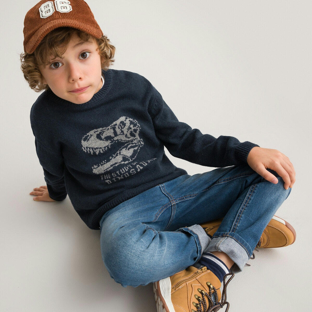 Pull col rond en fine maille, motif dinosaure