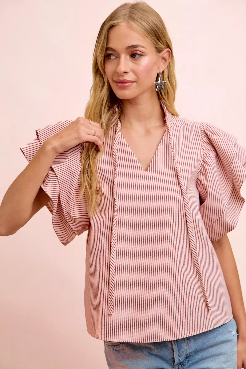 Twill Striped Ruffle Sleeve Blouse