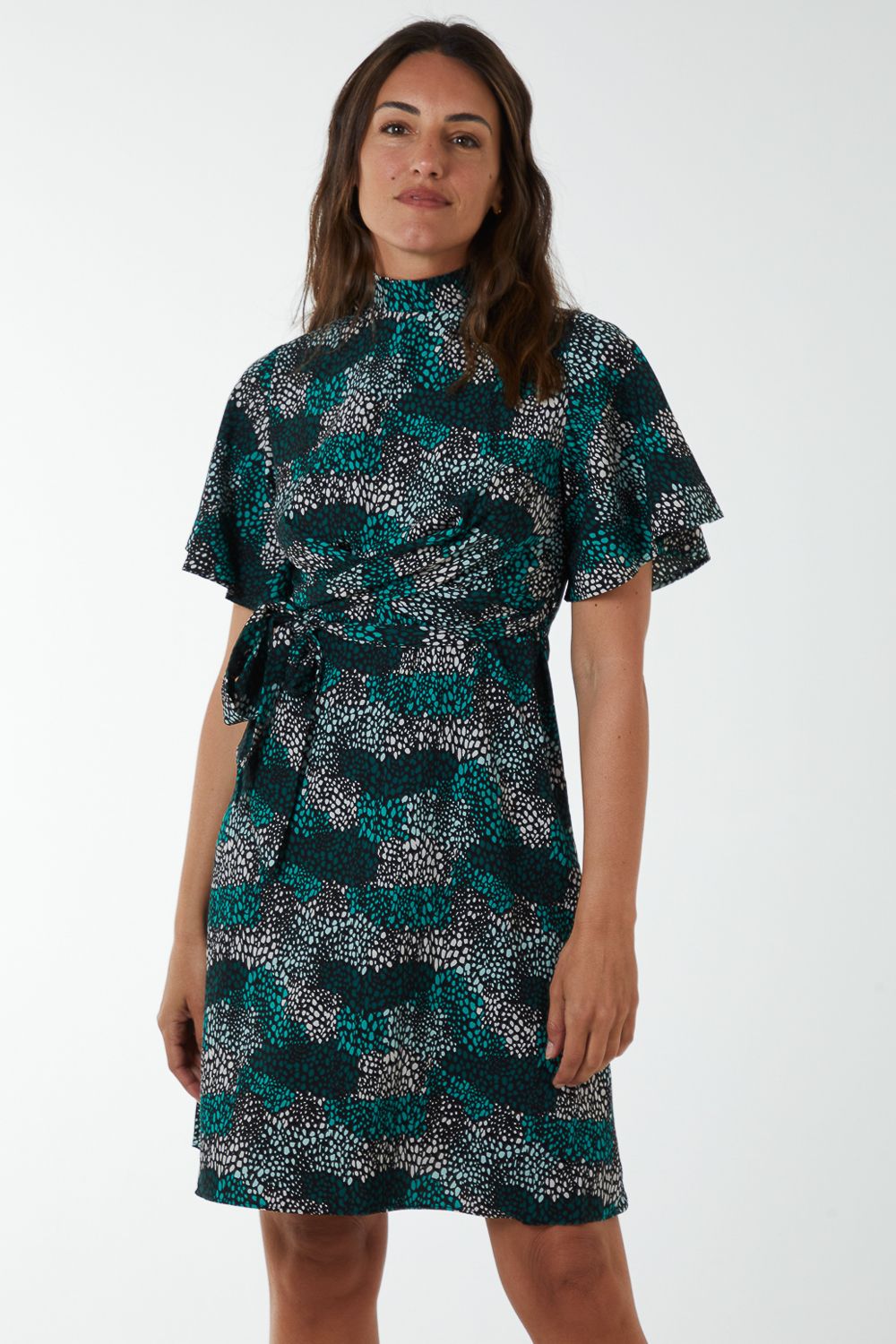 Blue Vanilla Wrap Front High Neck Dress With Angel Sleeves