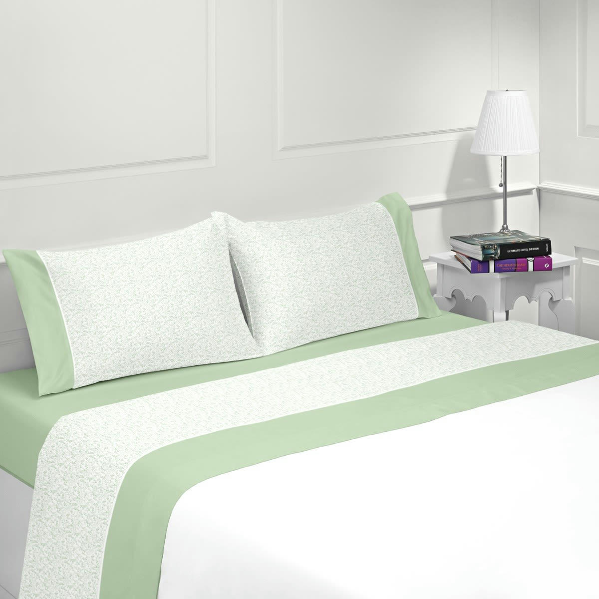 TULIPA - Parure drap plat en coton vert tilleul 180x200 cm