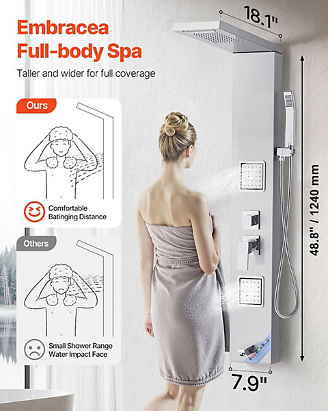 Colonne douche inox avec pommeau pluie, panneau 5 fonctions, 2 jets corps, douchette main et bec baignoire.