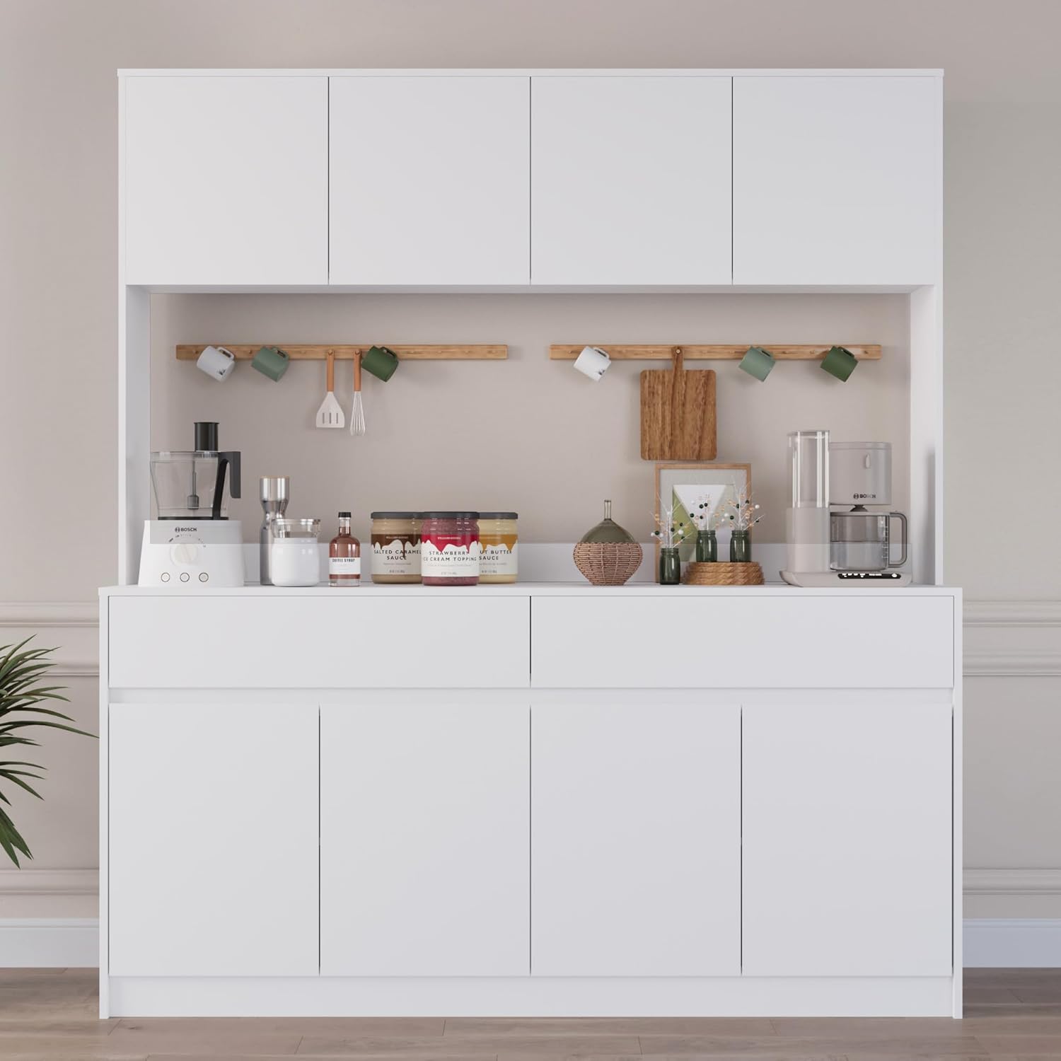 70.87 H Large Kitchen Pantry Storage Cabinet with Microwave Oven Countertop, Freestanding Pantry Cabinet with Drawers for Kitchen, Living Room (White)