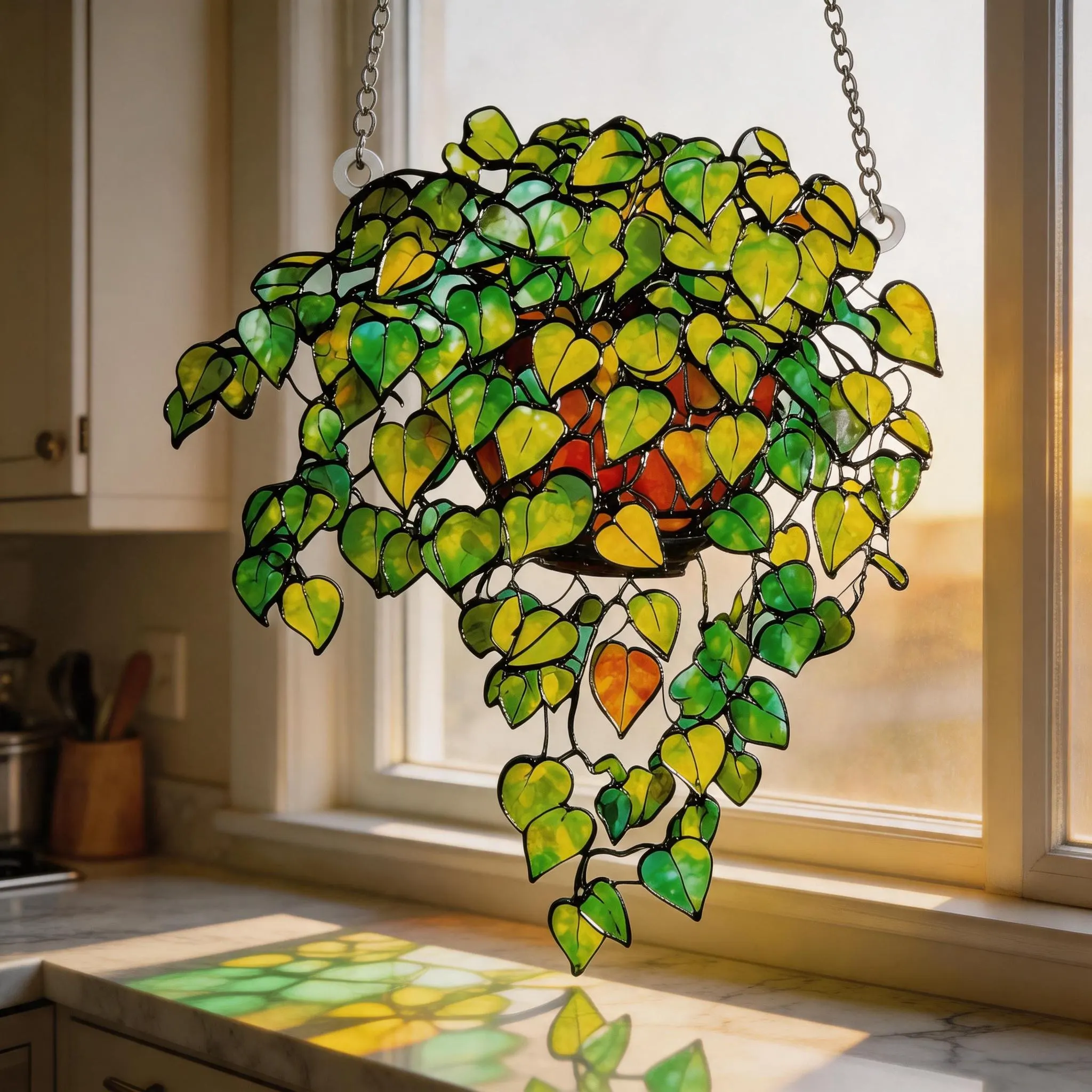 Stained Glass Hanging Plant Suncatcher, Green Leaf Window Decor, Ivy Plant Glass Art, Nature Sun Catcher, Gift for Her