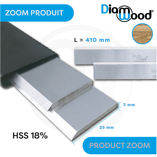 Jeu de 2 Fers de Dégauchisseuse/Raboteuse PRO 410 x 25 x 3 mm Acier HSS 18% (les 2 Fers) - Diamwood