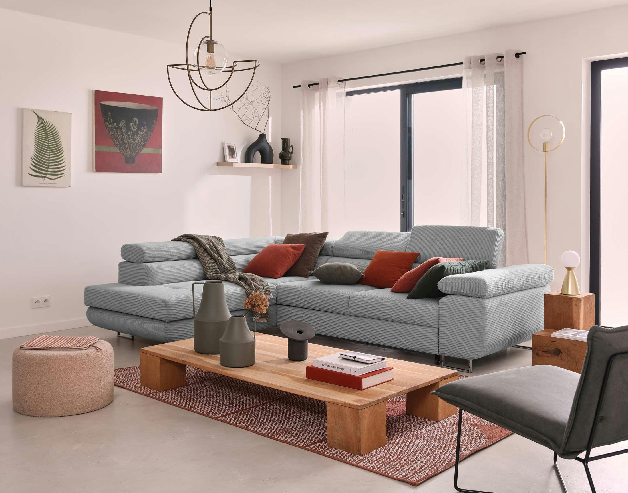 ZARIA - Canapé d'angle gauche convertible 5 places en velours côtelé gris