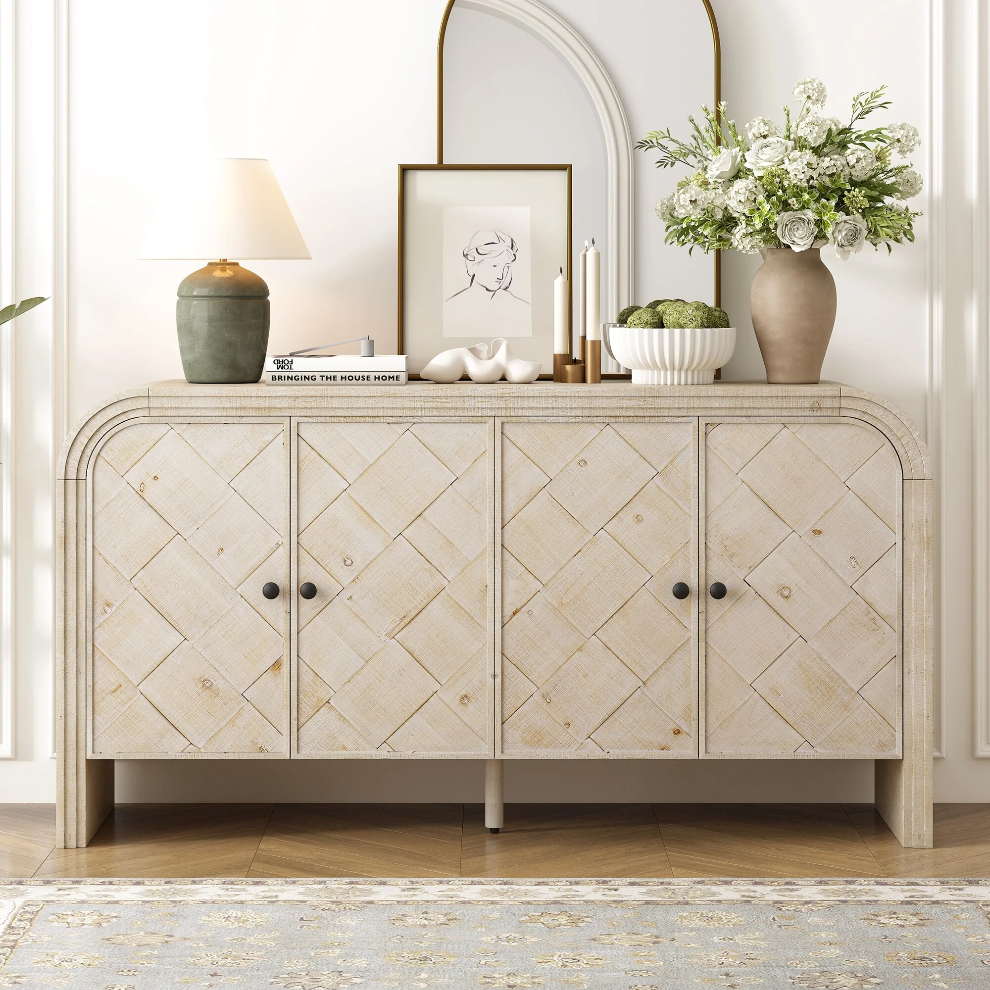 Arched 4 Door Sideboard Entryway Cabinets Accent Cabinet with Woven Wood Slat Doors and Metal Door Handle for Entryway
