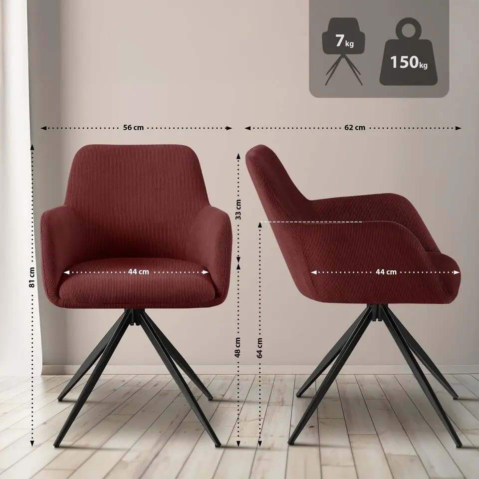 CLP Eetkamerstoel Olema zwart Frame - Ribstof - bordeauxrood