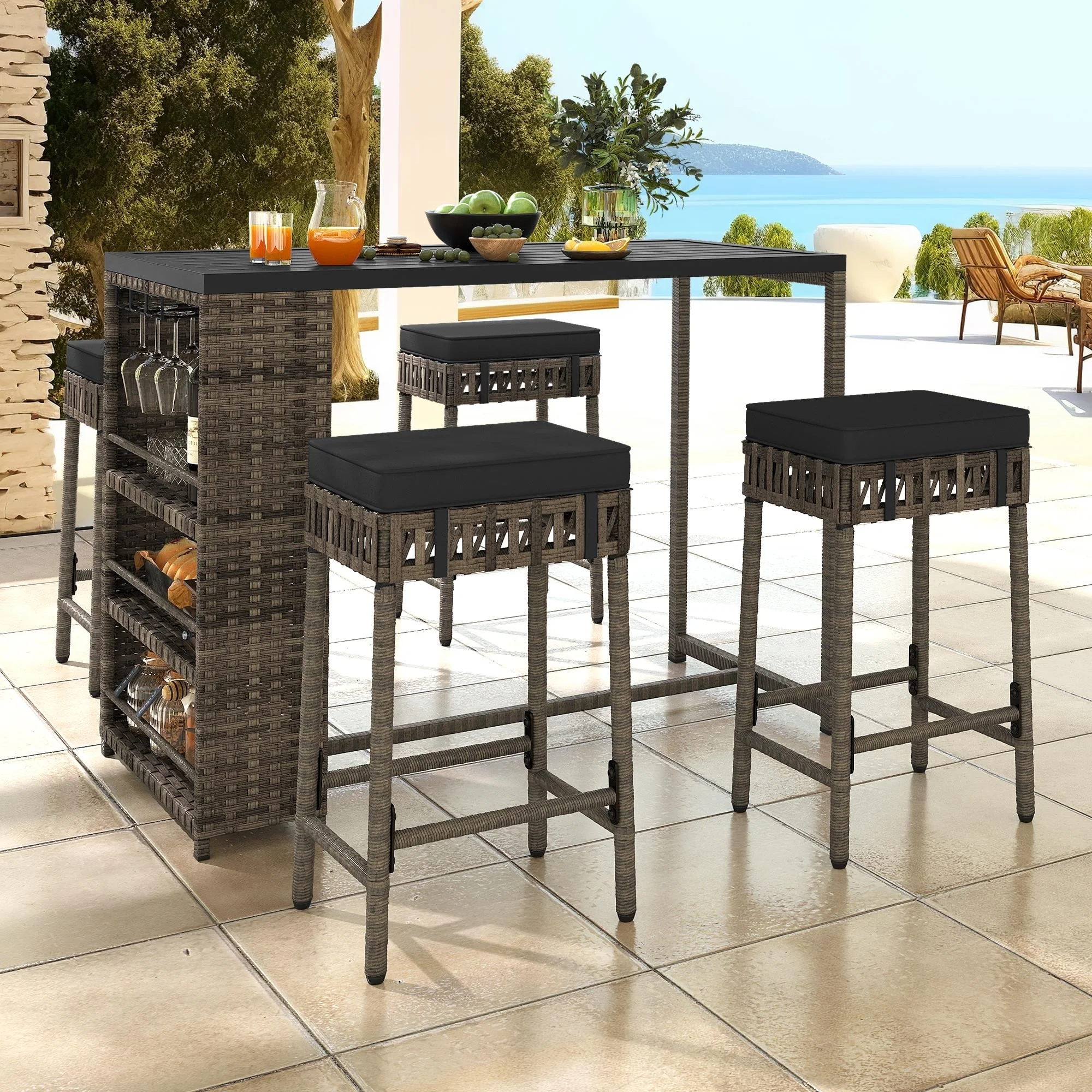 Moasis 5 Piece Rattan Wicker Bar Set,Patio Dining Furniture with Wine Glass Holder and 4 Cushioned Bar Stools