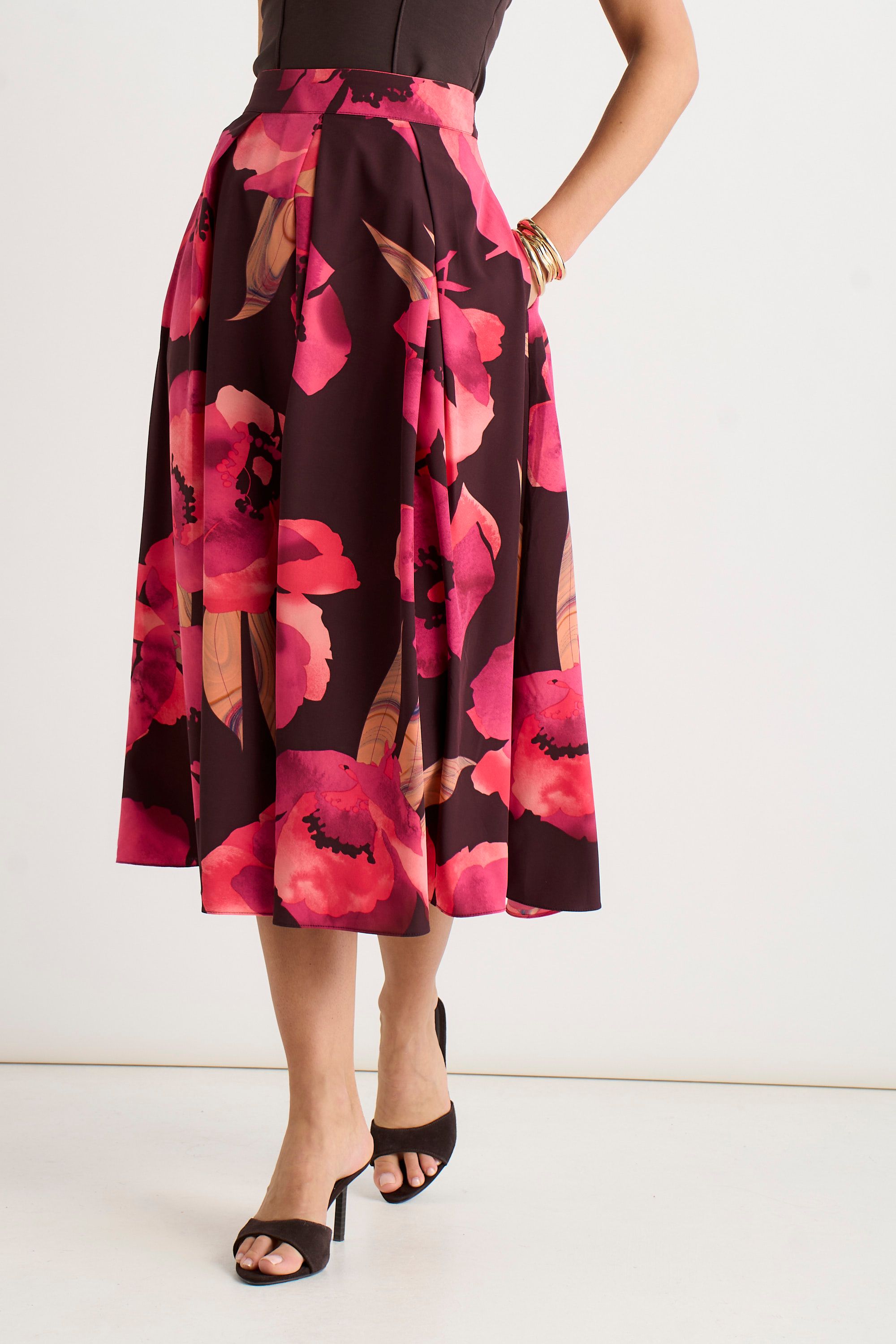 Gini London Brown Large Floral Box Pleat Midi Skirt