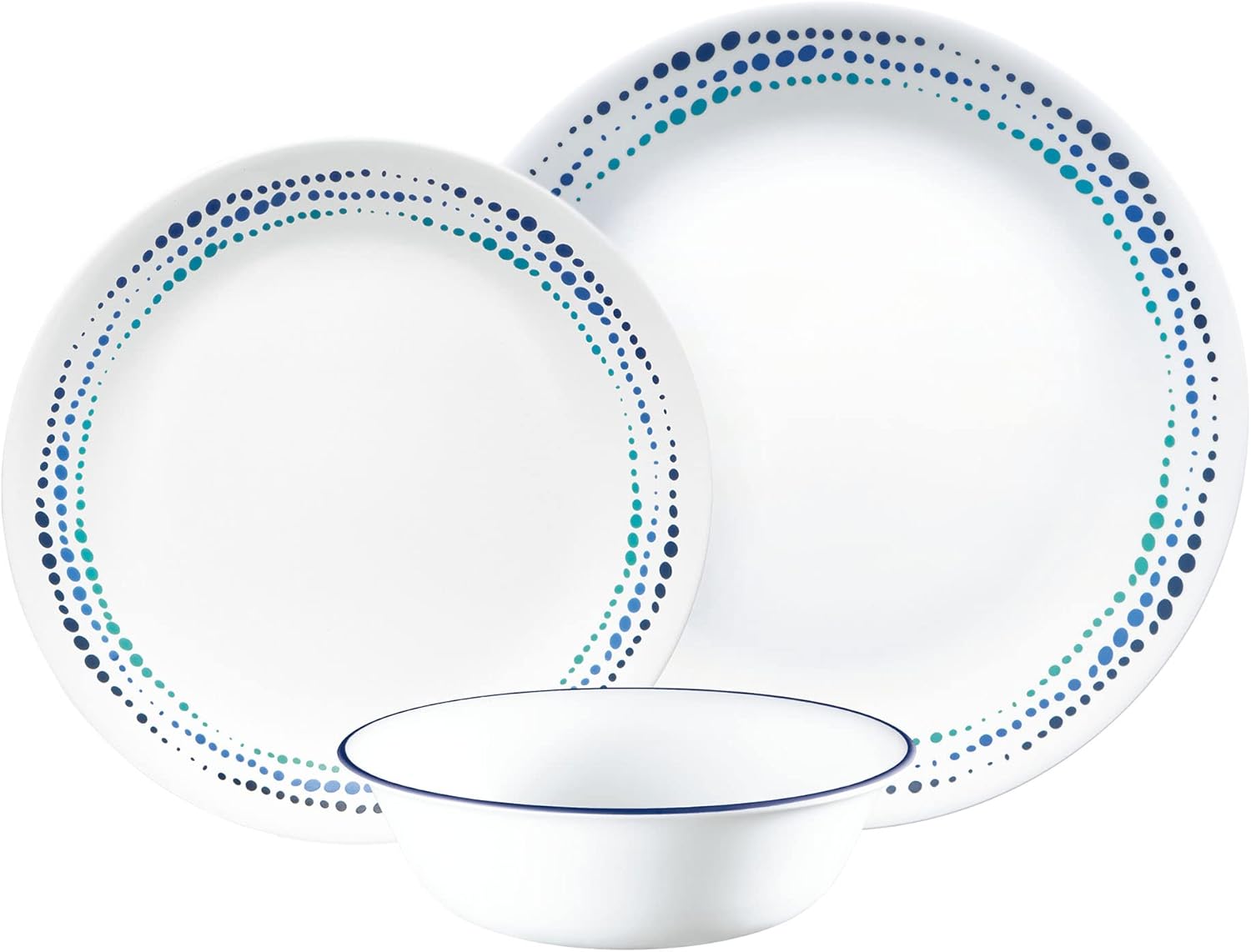 Corelle Dinnerware Set (12pc Set, Ocean Blues)-Dinner Set for 4, Includes 4 x: Plates, Side Plates & Bowls, 3 X More Durable, Half The Space & Weight of Ceramic, up to 80% Recycled Glass (1146815)