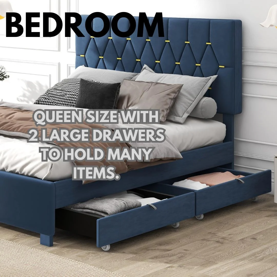 Blue Velvet Queen Bed with Twin XL Trundle and Storage Drawers