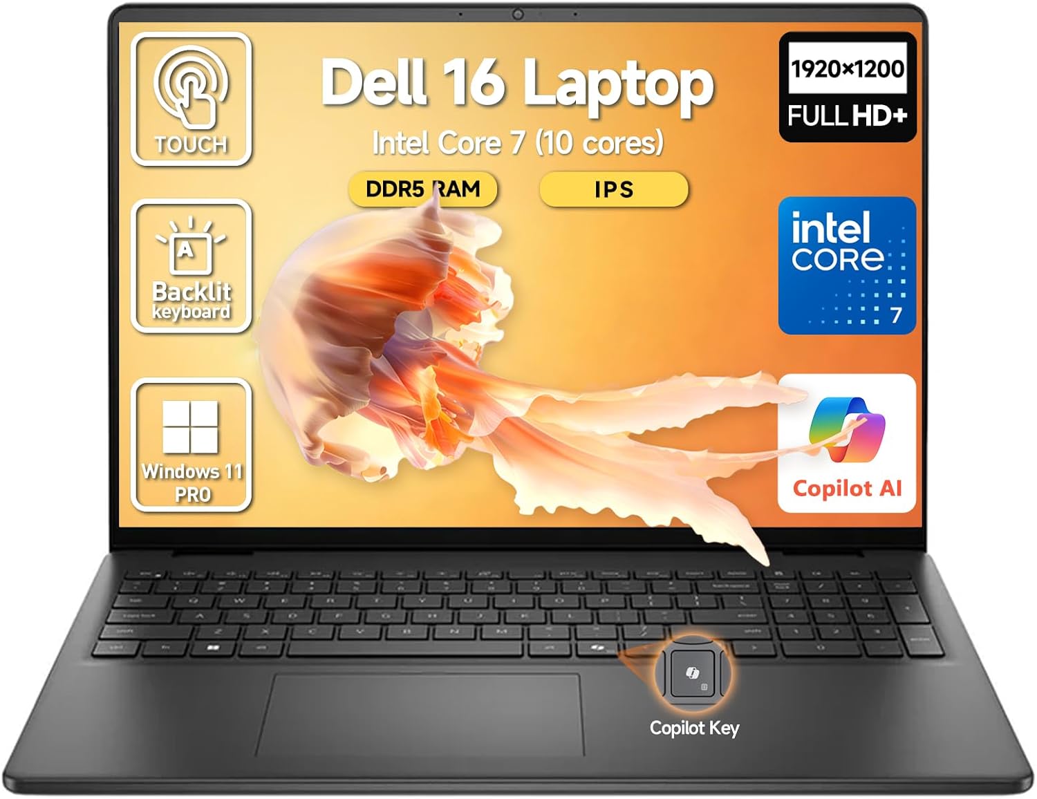 Dell 16 Laptop Touchscreen Computer  16 FHD+ Touch Screen Student & Business Laptop PC  Intel Core 7 (10-Core  Beat i7-1355U)  32GB DDR5 2TB SSD  Windows 11 Pro  Backlit Keyboard 10-Key  Copilot Key