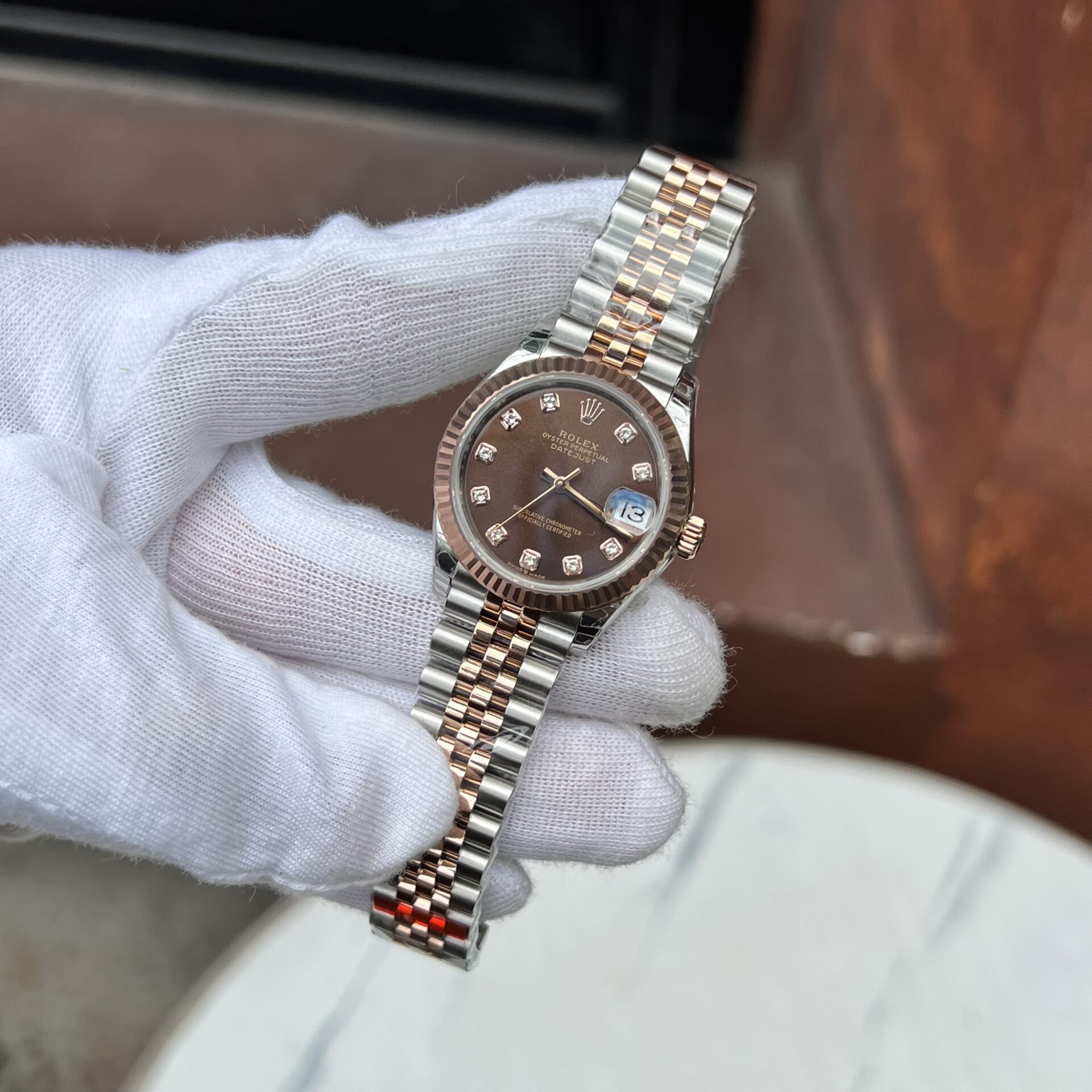 Rolex Datejust SS/RG Plated Chocolate Dial CZ Diamonds 31mm Jub Replica