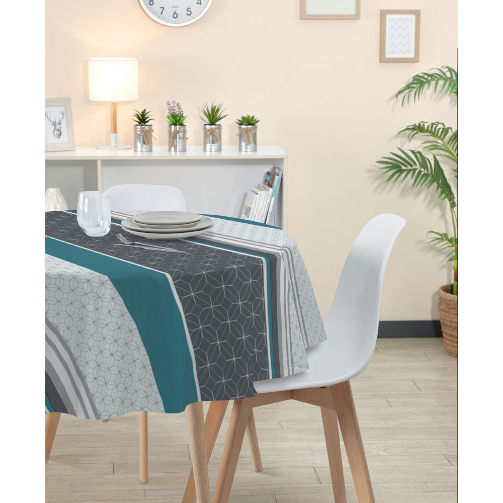 Nappe ronde toile cirée motif carreau de ciment gris et bleu