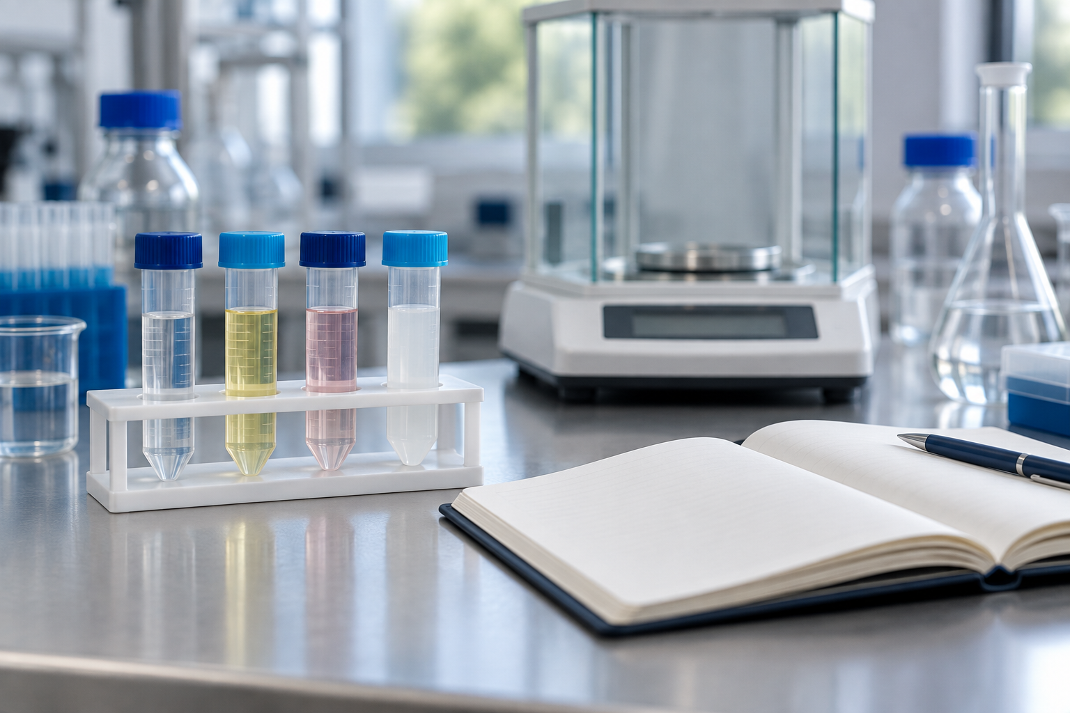 Illustrative laboratory bench with four capped sample tubes, a blank notebook and an analytical balance.