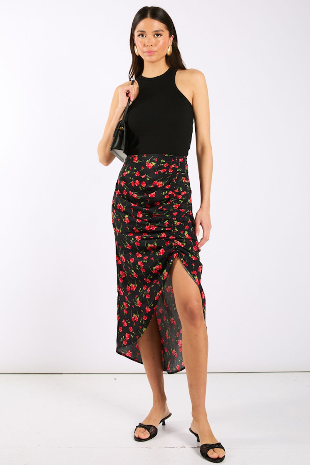Needs No Label Black Floral Ruche Side Midi Skirt