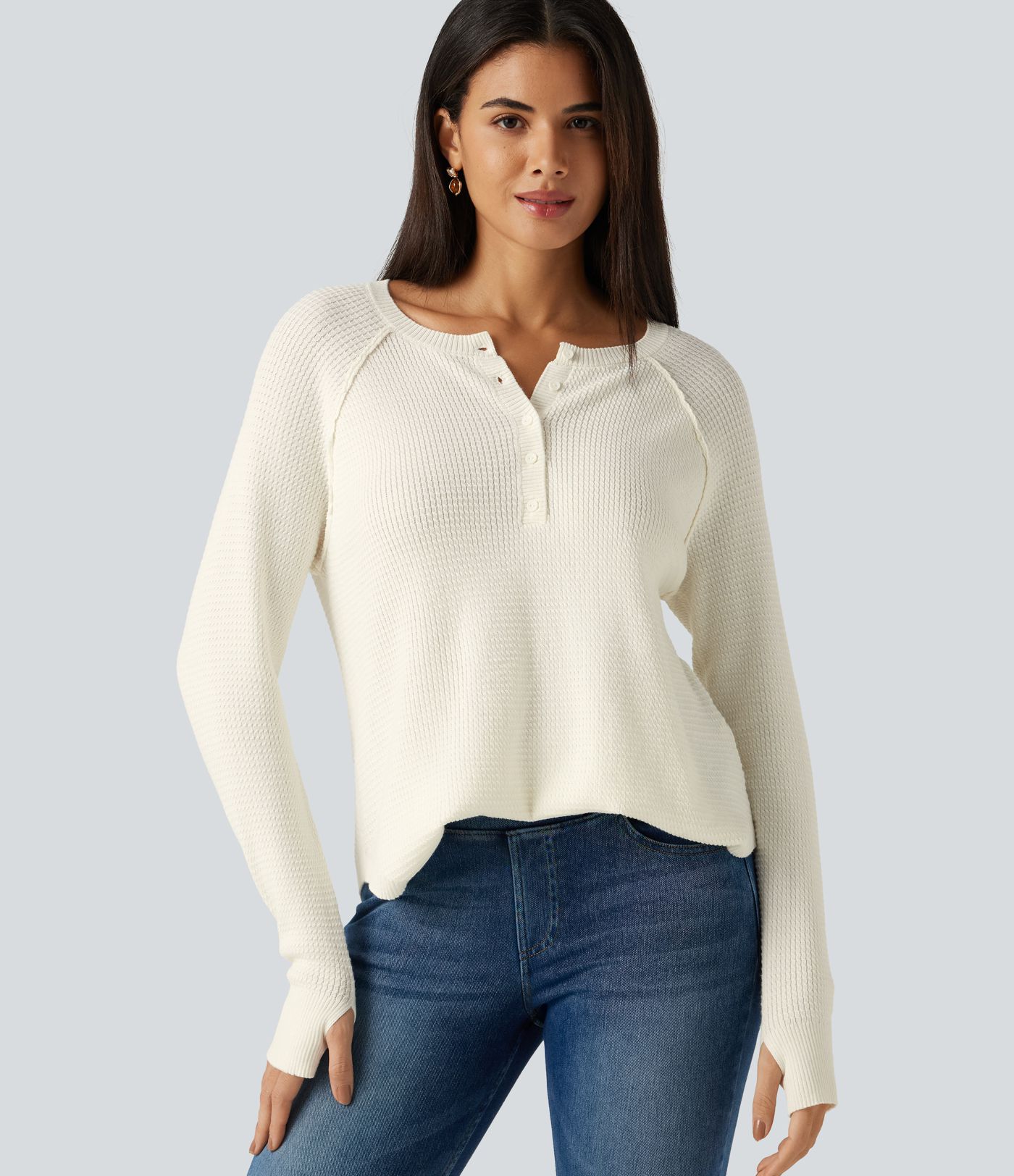 Pull à col Henley, manches longues, passe-pouces et ourlet arrondi