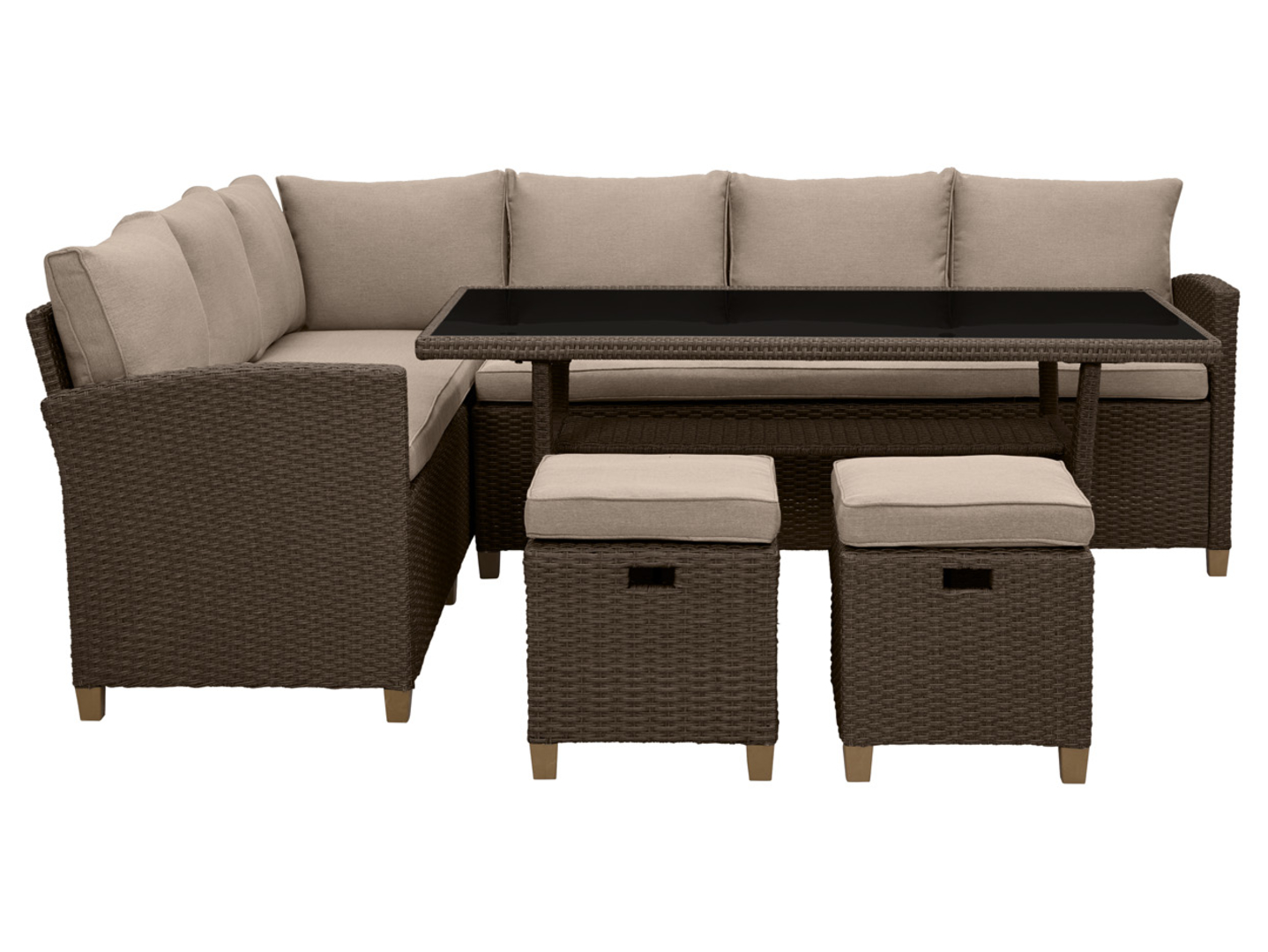 Zestaw mebli ogrodowych z technorattanu Malaga stół sofa prawa sofa lewa   2 siedziska z poduszkami