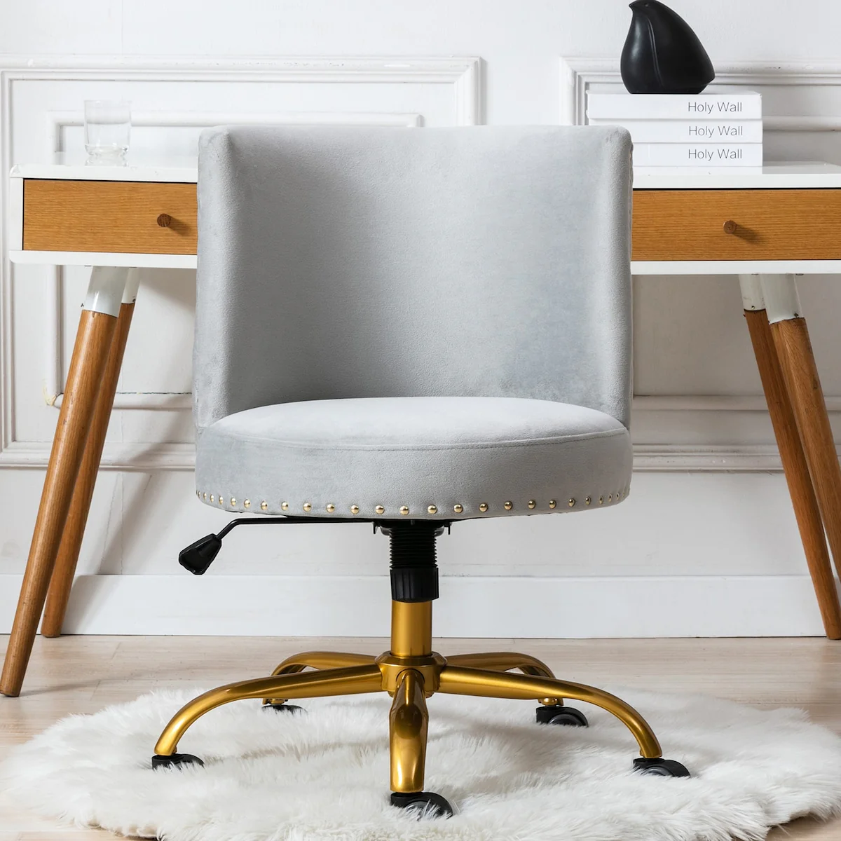 Modern Luxury Style Swivel & Adjustable Velvet Accent Chair with Nailhead Trim and Gold Finish Metal Five-Pronged Base