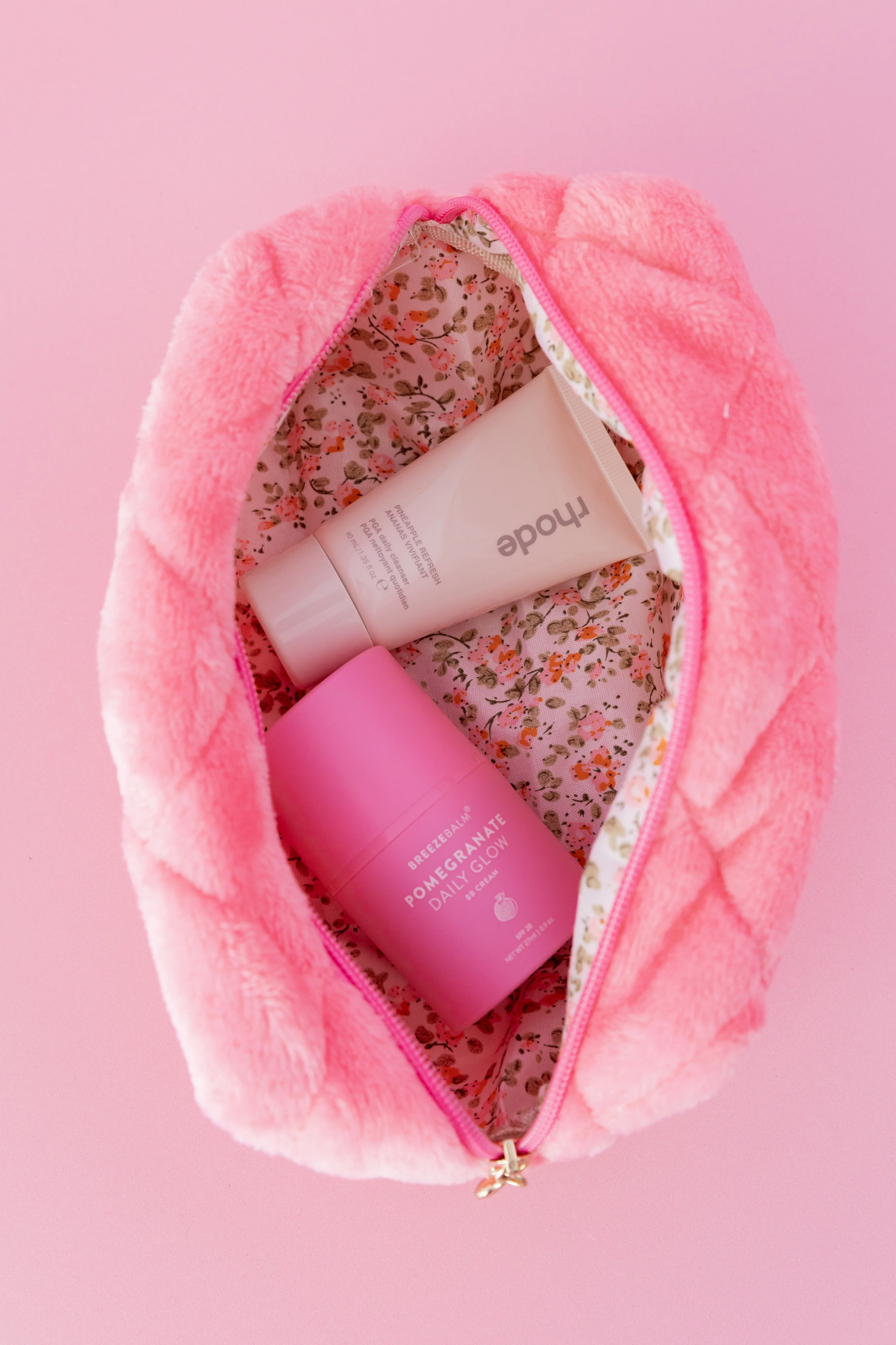 Faux Fur Cosmetics Bag in Barbie Pink