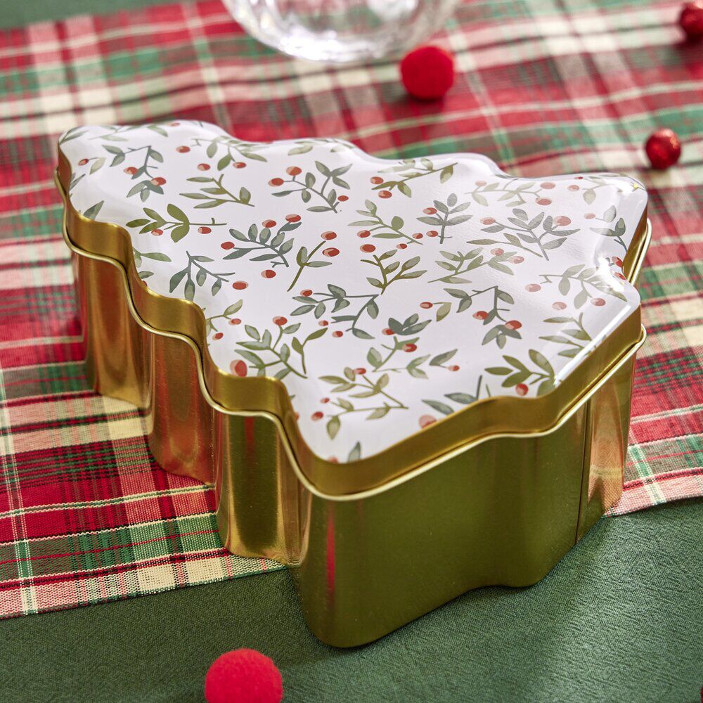 BoÎte alimentaire No&euml;l forme sapin doré motifs houx 18x14,5xH6,5cm