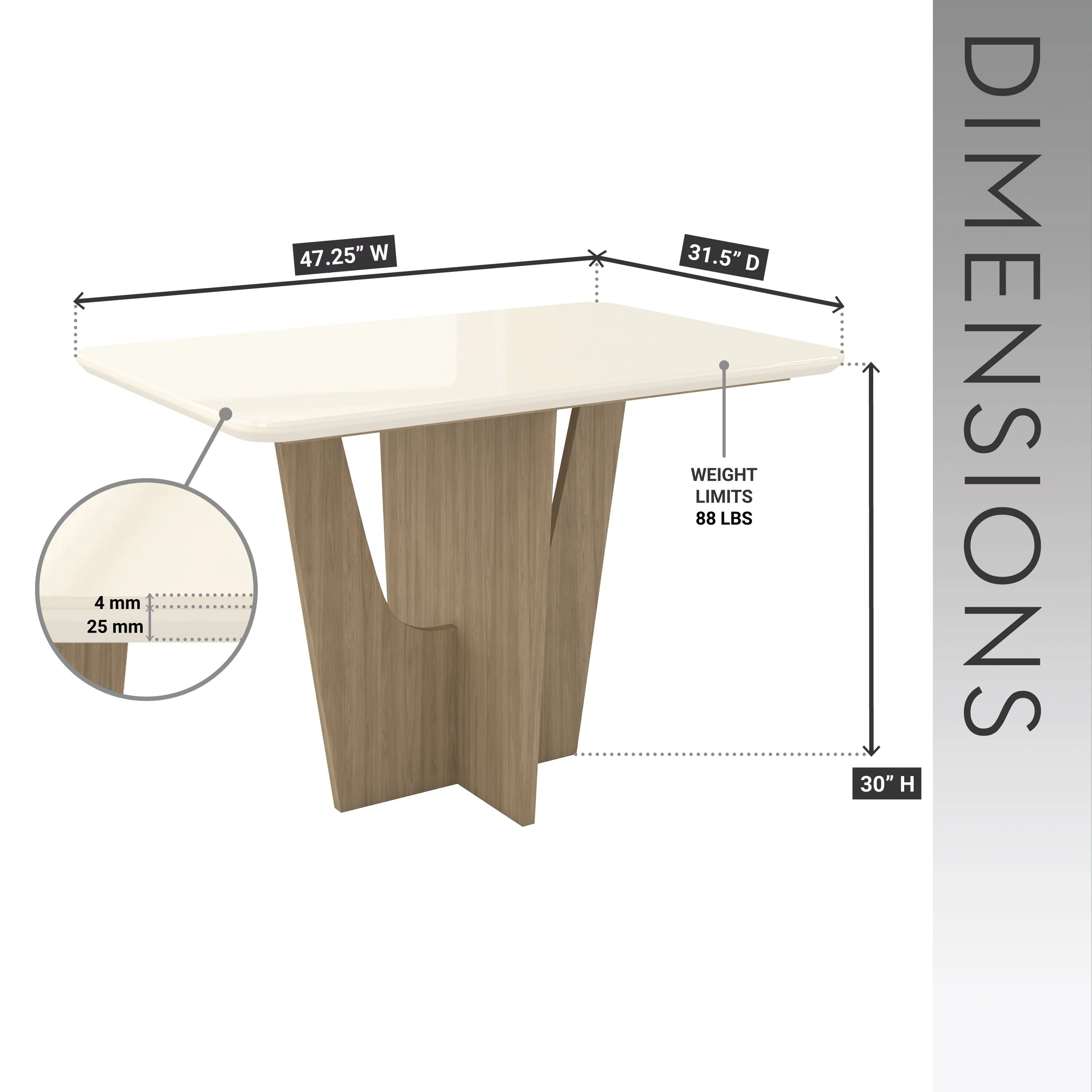 Compact 4 Seater Italian Dining Table With Painted Glass Top And Wooden Base