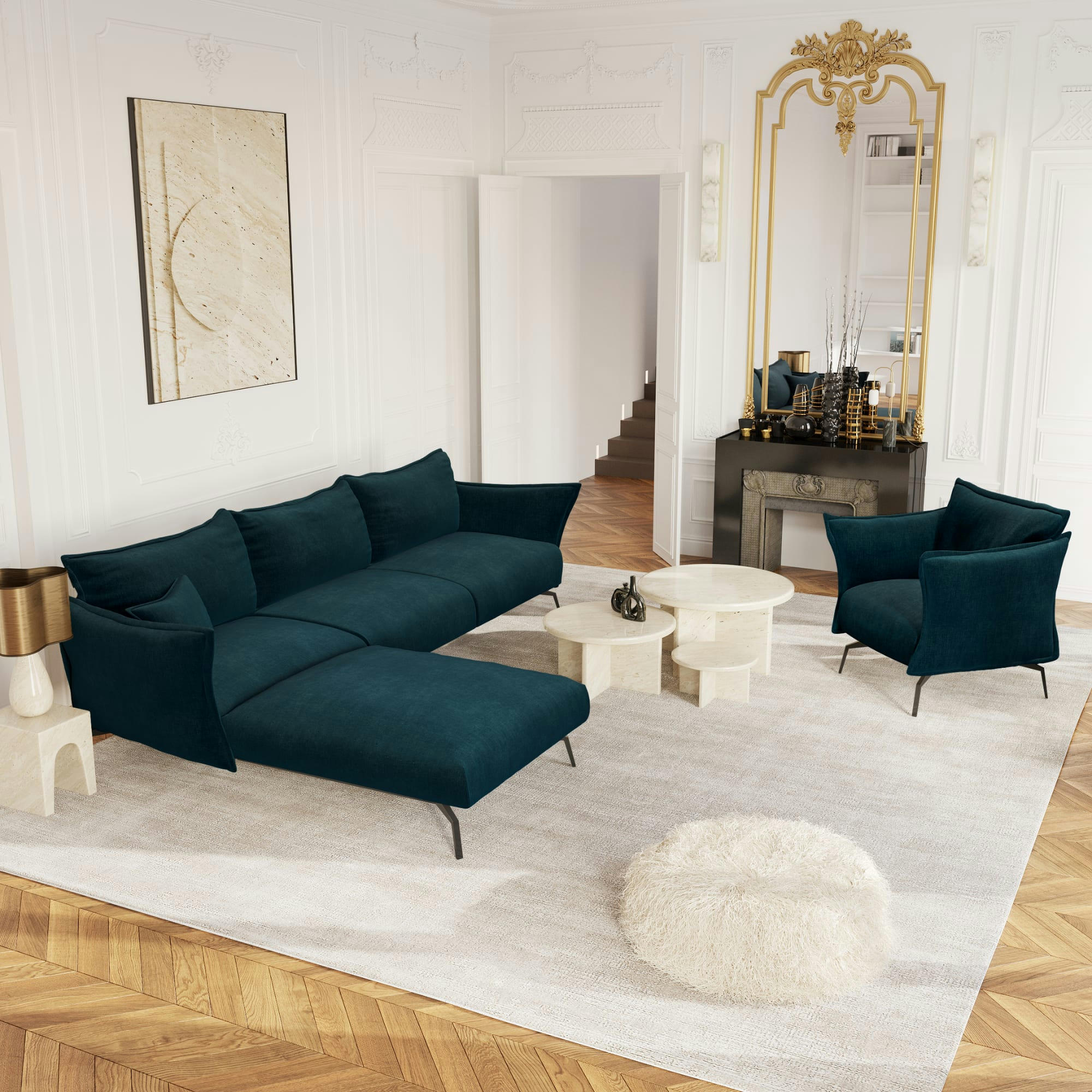 LENNY - Fauteuil velours bleu paon