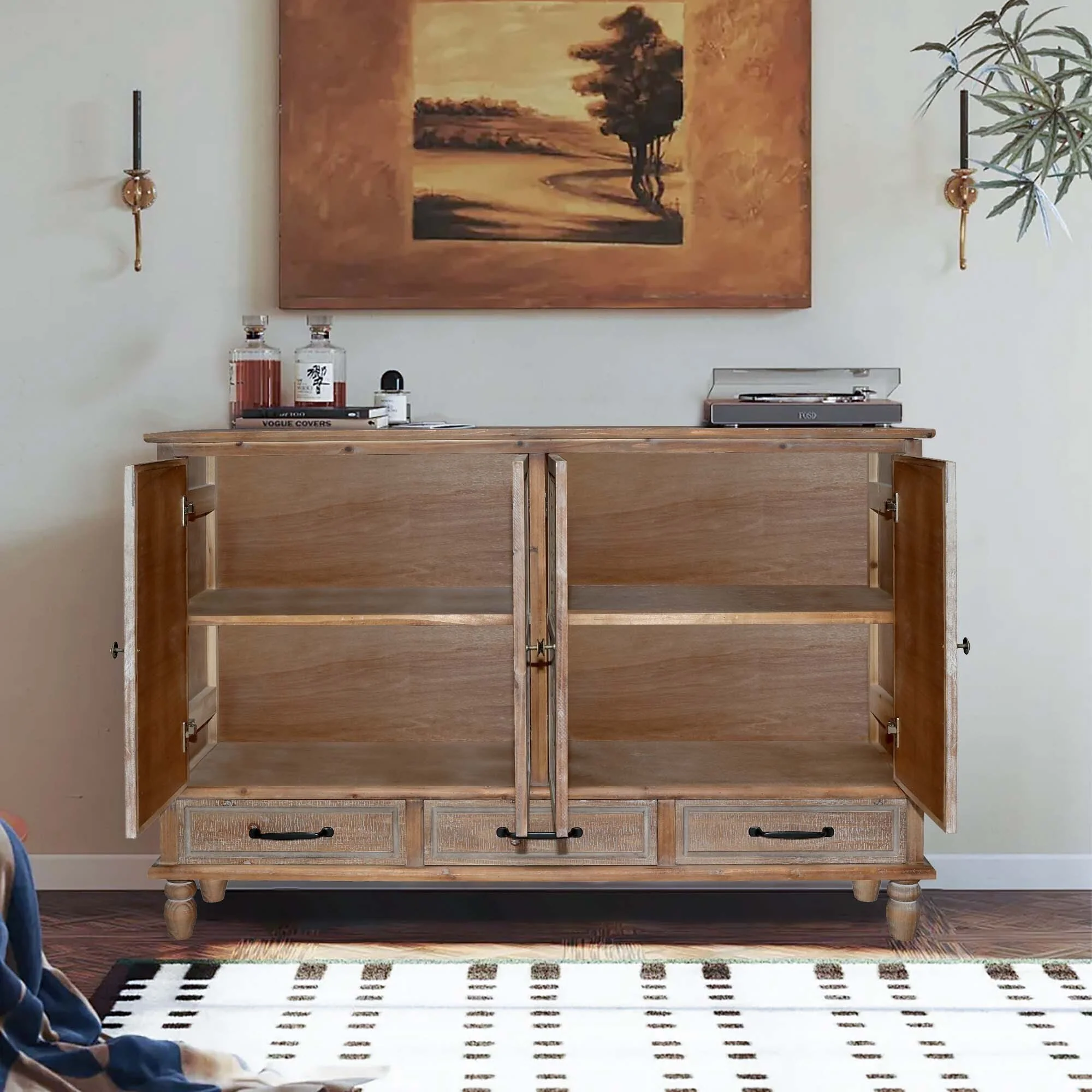 Farmhouse Buffet Cabinet with 3 Drawers and Adjustable Shelves for Living Room, Kitchen