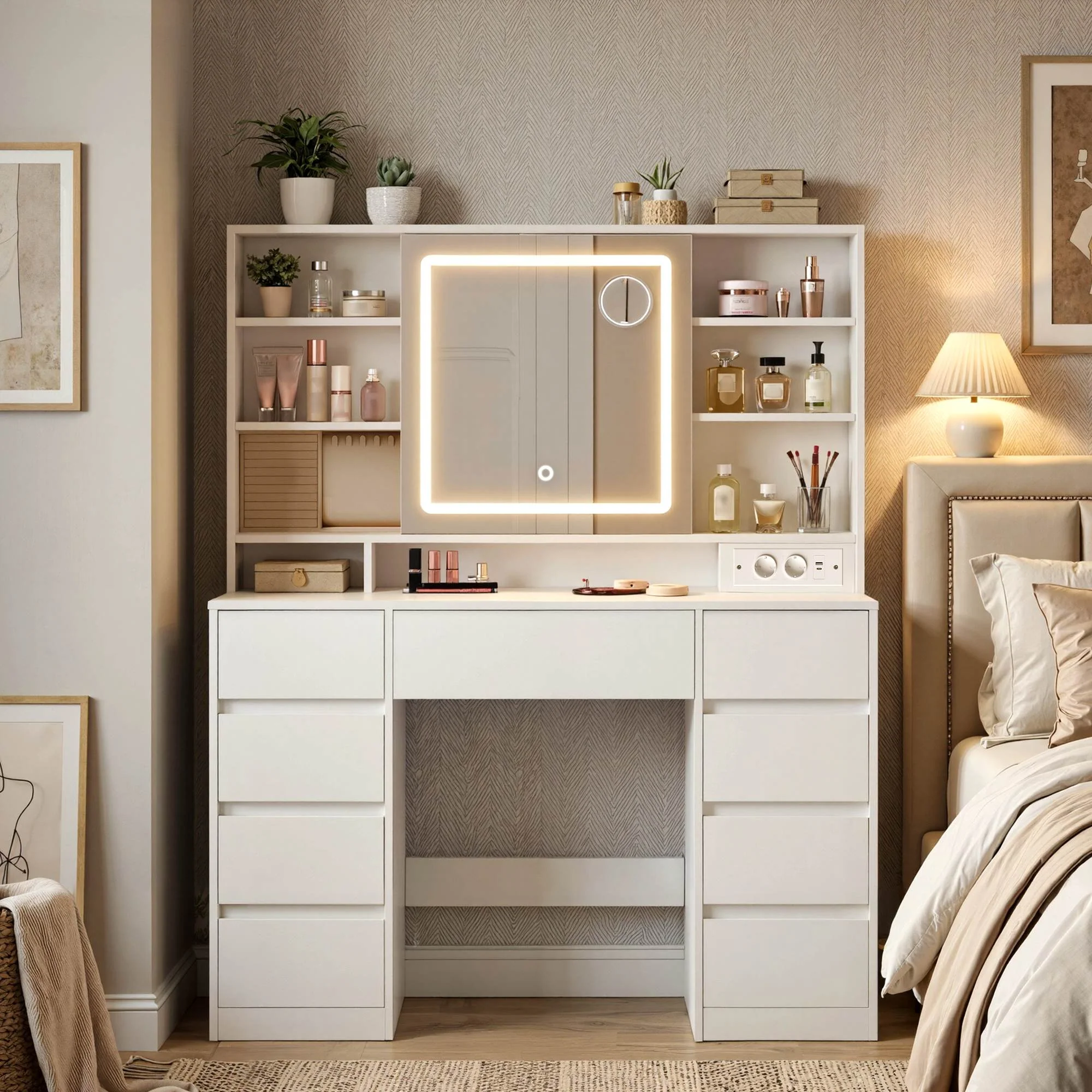 Coiffeuse avec Miroir LED, Multiprise, 9 Tiroirs, Éclairage 3 Couleurs