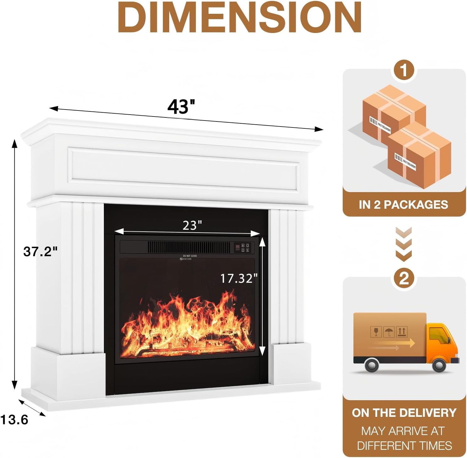 43 Electric Fireplace with Mantel, Freestanding Electric Fireplace Heater TV Stand with 23 Insert, Remote Control, Ajustable Flame and Timer, Fire Place Insert Heater for Living Room, White