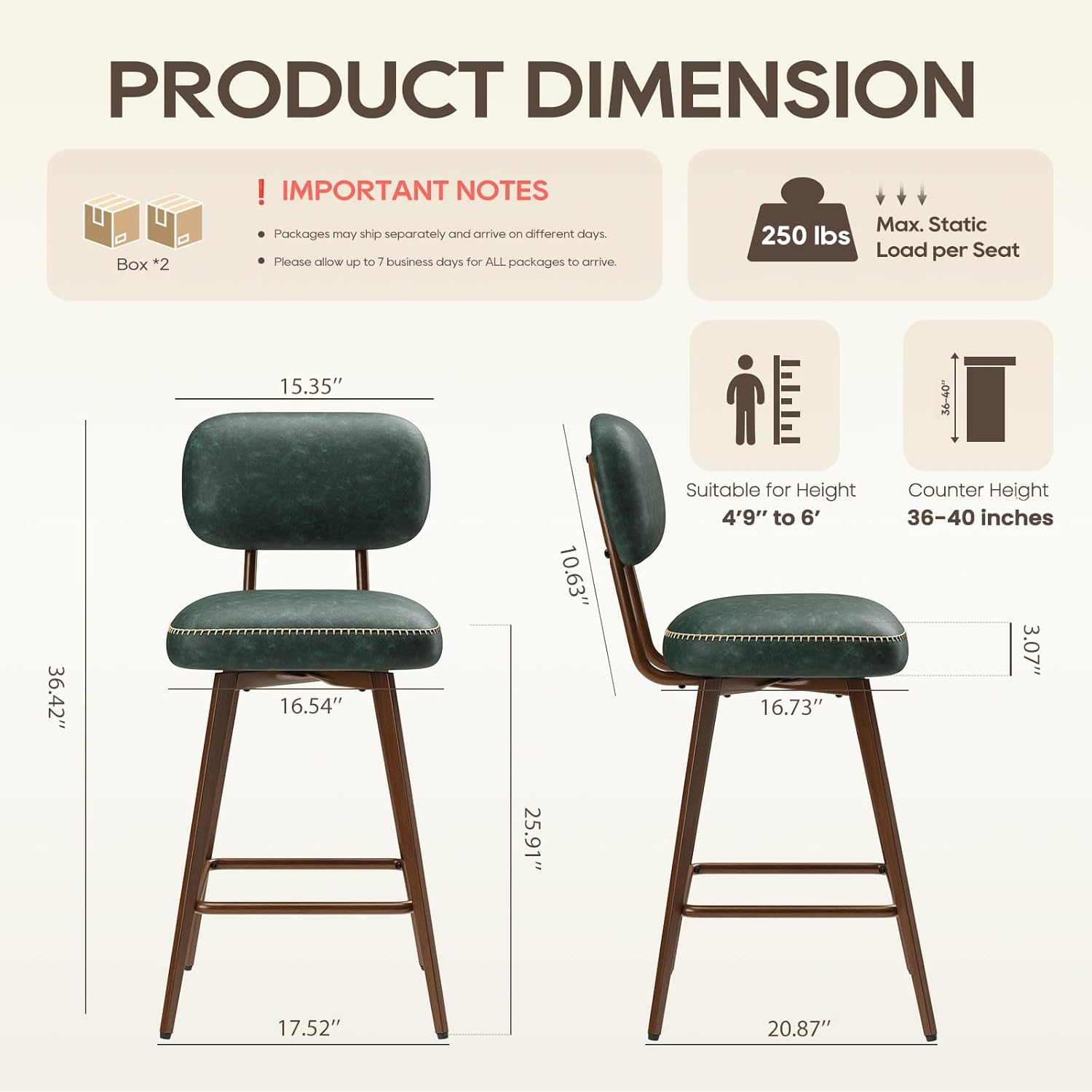26“ Swivel Bar Stools Set of 4, Mid Century PU Leather Counter Height Bar Chairs with Low Back and Metal Legs, Modern Bar Stool Chair for Kitchen Island, Green