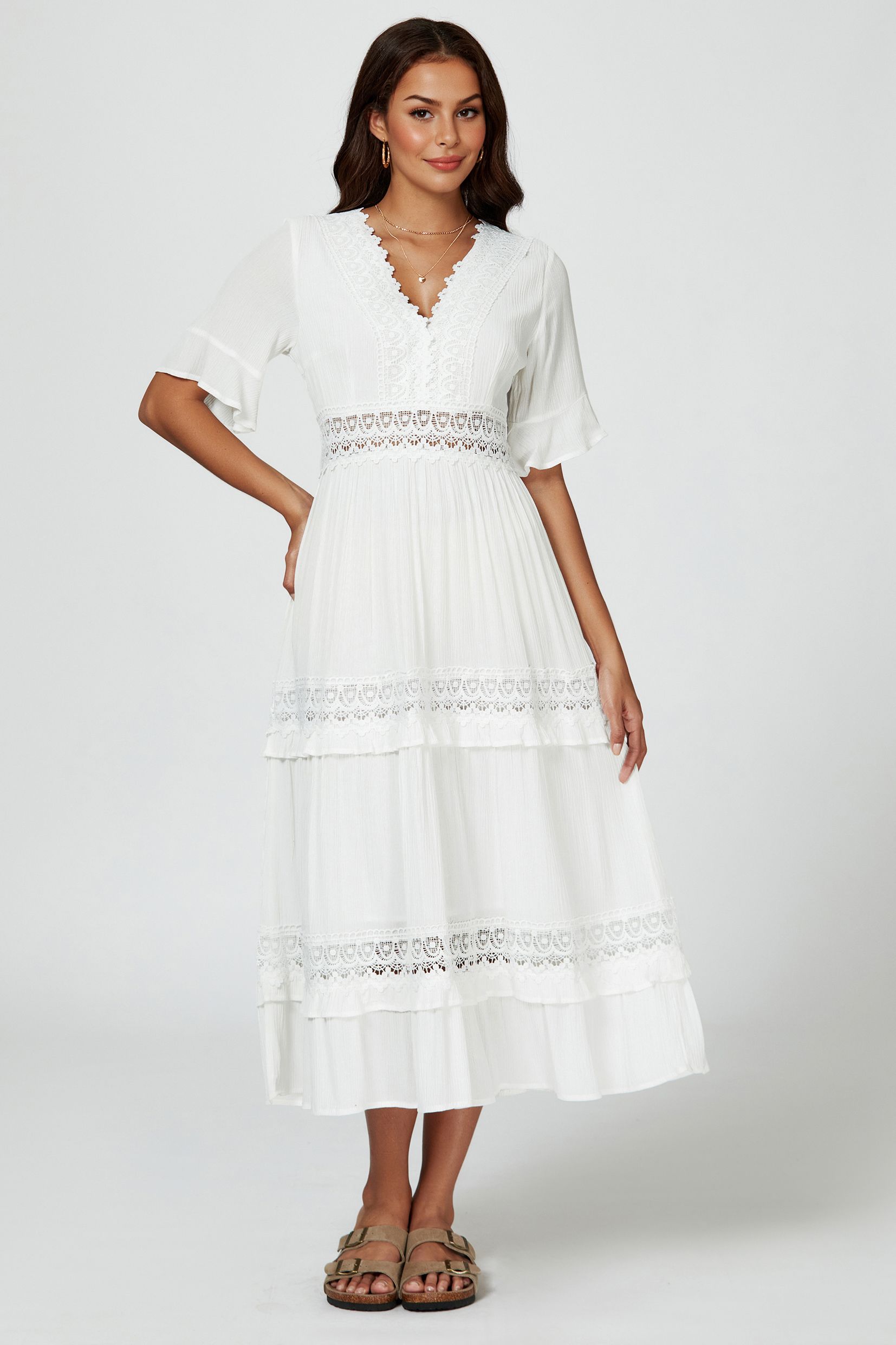 FS Collection V Neck Lace Detail Midi Dress
