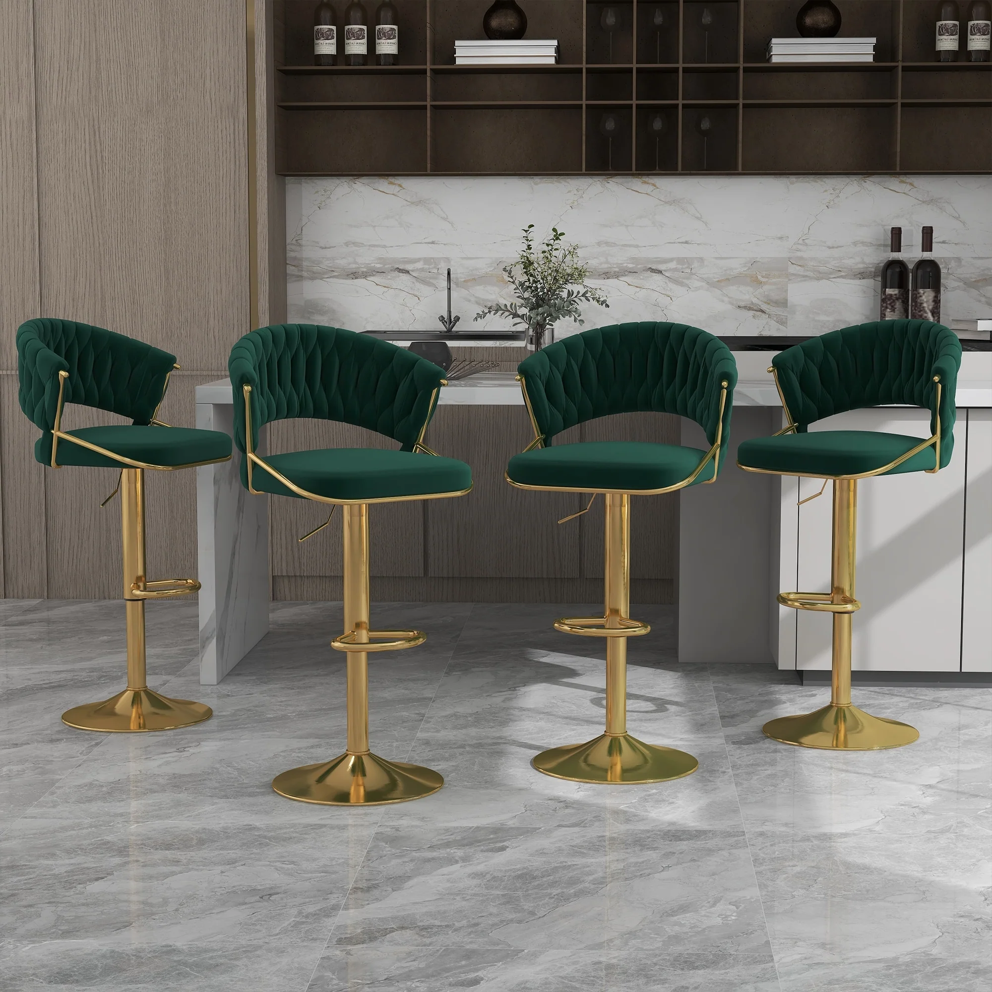 Set of 4 Modern Velvet Adjustable Bar Stools with Backs