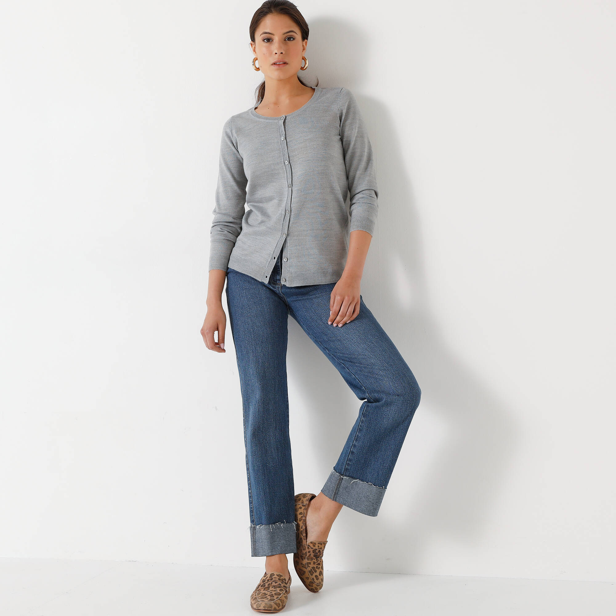 Cardigan boutonné col rond uni, toucher doux