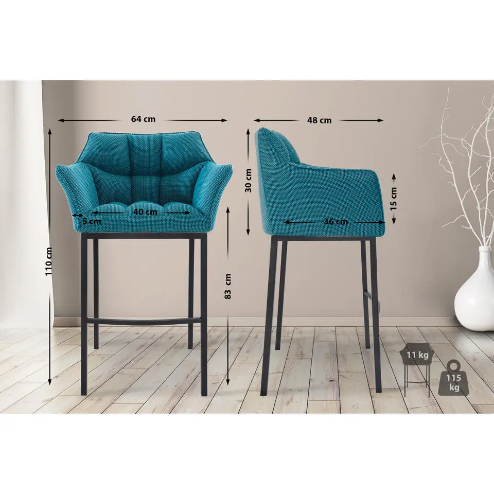 CLP Barkruk Damaso zwart Frame - Stof - turkis