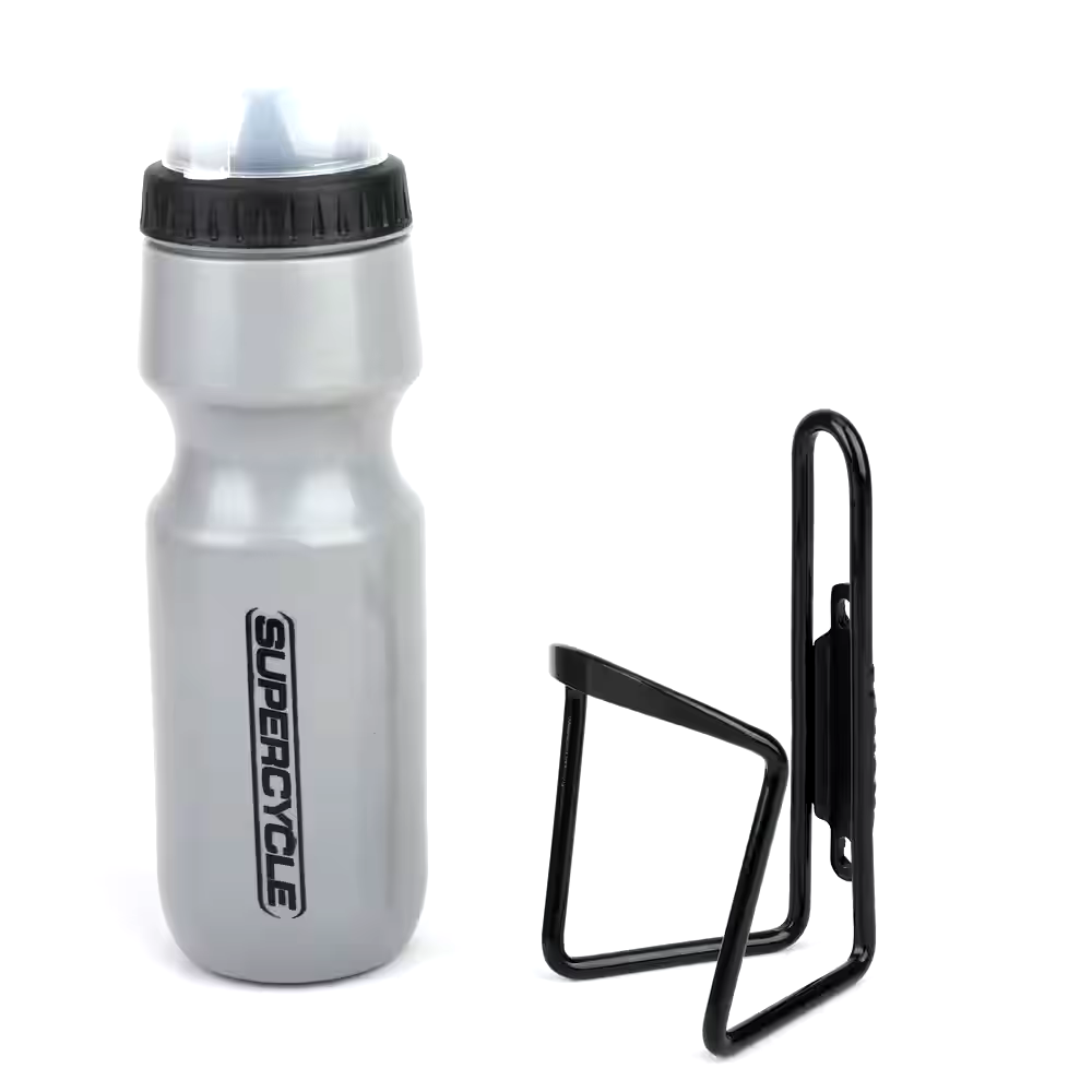 Supercycle Wide Mouth Self-Sealing Bike Water Bottle w/Cage/Holder, BPA Free, Silver, 620-mL